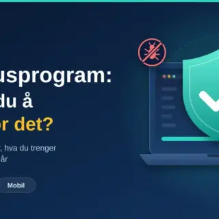 Illustrasjon av en bærbar PC med et grønt skjold med hake, et blokkert virusikon og en prislapp med «0 kr», ved siden av teksten «Antivirusprogram: trenger du å betale for det?».