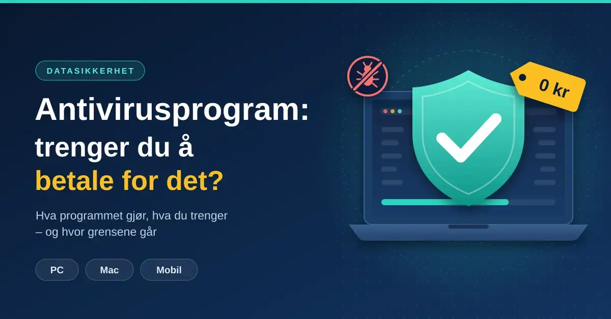 Illustrasjon av en bærbar PC med et grønt skjold med hake, et blokkert virusikon og en prislapp med «0 kr», ved siden av teksten «Antivirusprogram: trenger du å betale for det?».