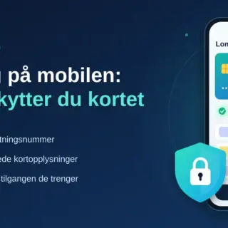 Illustrasjon av en mobiltelefon med et betalingskort der kortnummeret er skjult, et skjold med hengelås og teksten «Betaling på mobilen: slik beskytter du kortet» sammen med tre tips om erstatningsnummer, lagrede kortopplysninger og apptilganger.