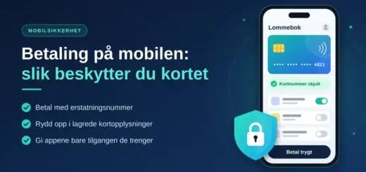 Illustrasjon av en mobiltelefon med et betalingskort der kortnummeret er skjult, et skjold med hengelås og teksten «Betaling på mobilen: slik beskytter du kortet» sammen med tre tips om erstatningsnummer, lagrede kortopplysninger og apptilganger.
