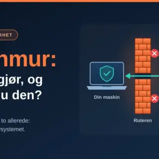 Illustrasjon av en brannmur som en oransje mur mellom internett og en datamaskin, der skadelig trafikk blokkeres og trygg trafikk slipper gjennom, med teksten «Brannmur: hva den gjør, og trenger du den?».