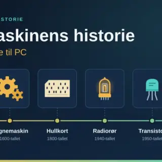 Illustrasjon med tittelen «Datamaskinens historie – fra kuleramme til PC» og en tidslinje med ikoner for kuleramme, mekanisk regnemaskin, hullkort, radiorør, transistor og PC, fra oldtiden til 1970-tallet.