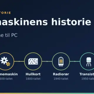 Illustrasjon av en tidslinje over datamaskinens historie, fra kuleramme og mekanisk regnemaskin via hullkort, radiorør og transistor til den personlige datamaskinen (PC).