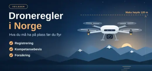 Illustrasjon av en drone som flyr over norske fjell og en fjord i skumringen under en stiplet linje merket «Maks høyde 120 m», med teksten «Droneregler i Norge» og en sjekkliste for registrering, kompetansebevis og forsikring.