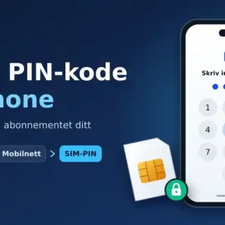 Illustrasjon av en mobiltelefon som viser skjermen «Skriv inn SIM-PIN» med talltastatur, et SIM-kort med hengelås og teksten «Endre PIN-kode på iPhone» med veien Innstillinger › Mobilnett › SIM-PIN.