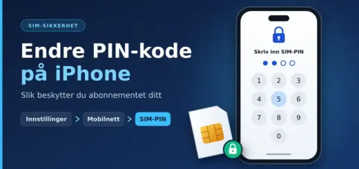 Illustrasjon av en mobiltelefon som viser skjermen «Skriv inn SIM-PIN» med talltastatur, et SIM-kort med hengelås og teksten «Endre PIN-kode på iPhone» med veien Innstillinger › Mobilnett › SIM-PIN.