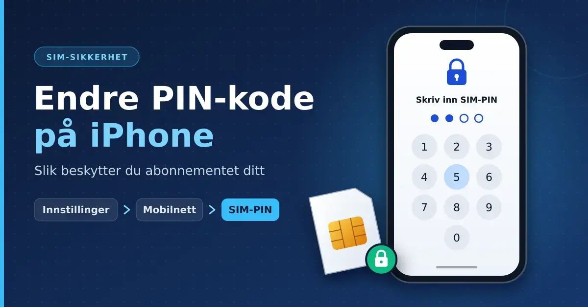 Illustrasjon av en mobiltelefon som viser skjermen «Skriv inn SIM-PIN» med talltastatur, et SIM-kort med hengelås og teksten «Endre PIN-kode på iPhone» med veien Innstillinger › Mobilnett › SIM-PIN.