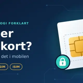 Illustrasjon av et SIM-kort med gullfarget brikke, signalbølger og et hengelåssymbol, med teksten «Hva er SIM-kort? Slik fungerer det i mobilen» og merkelappene nano-SIM, eSIM og iSIM på mørkeblå bakgrunn.