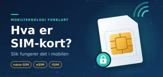 Illustrasjon av et SIM-kort med gullfarget brikke, signalbølger og et hengelåssymbol, med teksten «Hva er SIM-kort? Slik fungerer det i mobilen» og merkelappene nano-SIM, eSIM og iSIM på mørkeblå bakgrunn.