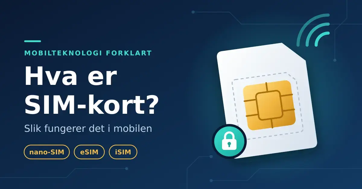 Illustrasjon av et SIM-kort med gullfarget brikke, signalbølger og et hengelåssymbol, med teksten «Hva er SIM-kort? Slik fungerer det i mobilen» og merkelappene nano-SIM, eSIM og iSIM på mørkeblå bakgrunn.