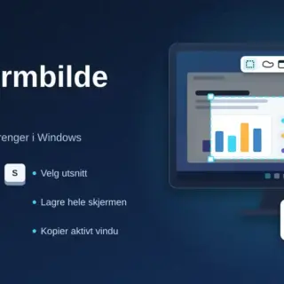 Illustrasjon av en PC-skjerm der et utsnitt markeres for skjermbilde, ved siden av tastatursnarveiene Win + Shift + S, Win + PrtSc og Alt + PrtSc for å ta skjermbilde i Windows.