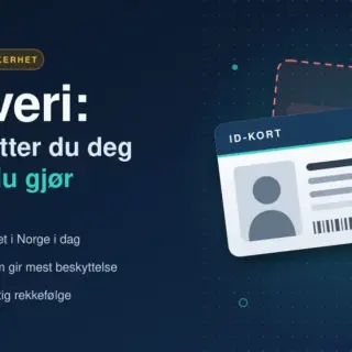 Illustrasjon av et ID-kort med en rød, stiplet kopi bak seg og et grønt skjold med hengelås, ved siden av teksten «ID-tyveri: slik beskytter du deg – og hva du gjør».