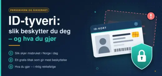 Illustrasjon av et ID-kort med en rød, stiplet kopi bak seg og et grønt skjold med hengelås, ved siden av teksten «ID-tyveri: slik beskytter du deg – og hva du gjør».