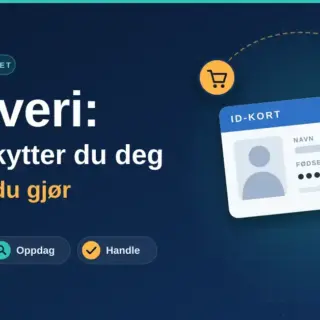 Illustrasjon av et ID-kort med skjult fødselsnummer, en handlevogn og en regning med varseltegn, beskyttet av et skjold med hengelås, ved siden av teksten «ID-tyveri: slik beskytter du deg – og hva du gjør».