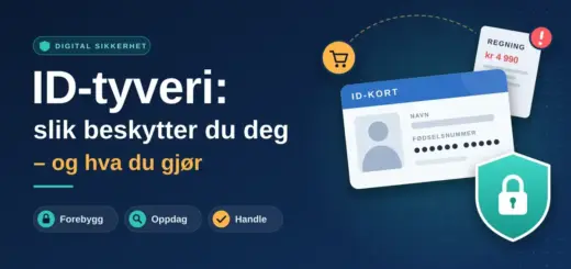 Illustrasjon av et ID-kort med skjult fødselsnummer, en handlevogn og en regning med varseltegn, beskyttet av et skjold med hengelås, ved siden av teksten «ID-tyveri: slik beskytter du deg – og hva du gjør».