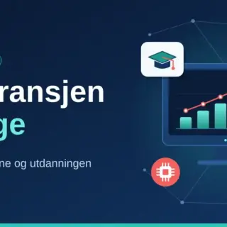 Illustrasjon av IKT-bransjen i Norge med en dataskjerm som viser et stigende søylediagram, omgitt av ikoner for utdanning, datalagring, trådløs kommunikasjon og maskinvare på mørkeblå bakgrunn.