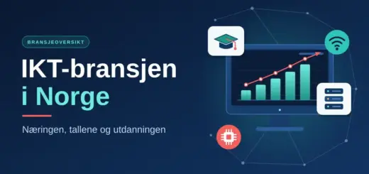 Illustrasjon av IKT-bransjen i Norge med en dataskjerm som viser et stigende søylediagram, omgitt av ikoner for utdanning, datalagring, trådløs kommunikasjon og maskinvare på mørkeblå bakgrunn.