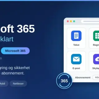 Illustrasjon av Microsoft 365 med teksten «Microsoft 365 – enkelt forklart», som viser navnebyttet fra Office 365 og app-ikoner for tekst, regneark, presentasjon, e-post, skylagring og KI-assistent i et abonnementsvindu.