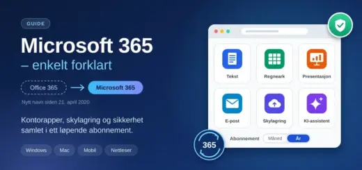 Illustrasjon av Microsoft 365 med teksten «Microsoft 365 – enkelt forklart», som viser navnebyttet fra Office 365 og app-ikoner for tekst, regneark, presentasjon, e-post, skylagring og KI-assistent i et abonnementsvindu.