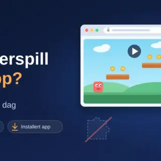 Illustrasjon av et nettleservindu med et enkelt plattformspill ved siden av en mobiltelefon med apper og et nedlastingssymbol, sammen med teksten «Nettleserspill eller app? Slik står valget i dag».