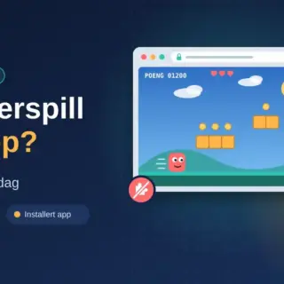 Illustrasjon av et nettleservindu med et enkelt plattformspill ved siden av en mobiltelefon med apper og en «Installer»-knapp, med teksten «Nettleserspill eller app? Slik står valget i dag».
