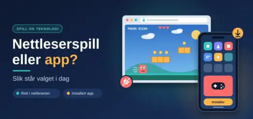 Illustrasjon av et nettleservindu med et enkelt plattformspill ved siden av en mobiltelefon med apper og en «Installer»-knapp, med teksten «Nettleserspill eller app? Slik står valget i dag».