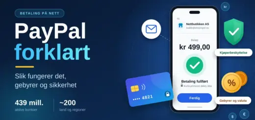 Illustrasjon av en mobil som viser en fullført betaling på 499 kroner, omgitt av et bankkort, et skjold for kjøperbeskyttelse og en mynt med prosenttegn, ved siden av teksten «PayPal forklart – slik fungerer det, gebyrer og sikkerhet».