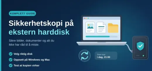 Illustrasjon av en bærbar PC med bilder, dokumenter og mapper som sikkerhetskopieres via kabel til en ekstern harddisk med et skjold og hake, ved siden av teksten «Sikkerhetskopi på ekstern harddisk – komplett guide».