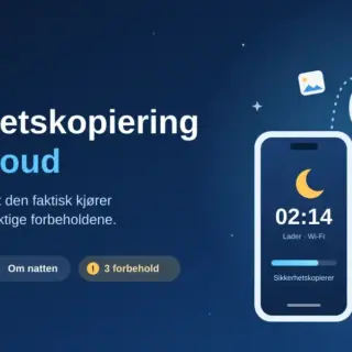 Illustrasjon av en mobiltelefon som sikkerhetskopierer om natten til en sky med opplastingspil, ved siden av tittelen «Sikkerhetskopiering med iCloud» og stikkordene automatisk, om natten og tre forbehold.