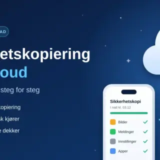 Illustrasjon av en iPhone som sikkerhetskopierer bilder, meldinger, innstillinger og apper til en sky om natten, ved siden av tittelen «Sikkerhetskopiering med iCloud» og tre punkter om hvordan du gjør det.