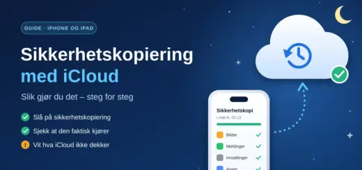 Illustrasjon av en iPhone som sikkerhetskopierer bilder, meldinger, innstillinger og apper til en sky om natten, ved siden av tittelen «Sikkerhetskopiering med iCloud» og tre punkter om hvordan du gjør det.