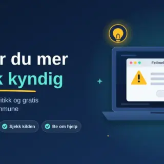 Illustrasjon med teksten «Slik blir du mer teknisk kyndig» ved siden av en bærbar PC som viser en feilmelding under et forstørrelsesglass, omgitt av ikoner for lyspære, tannhjul og chatboble.