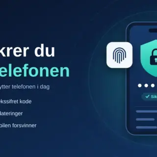 Illustrasjon av en mobiltelefon med skjold og hengelås, sekssifret kode og aktiverte sikkerhetsinnstillinger, ved siden av teksten «Slik sikrer du mobiltelefonen – guide for 2026».