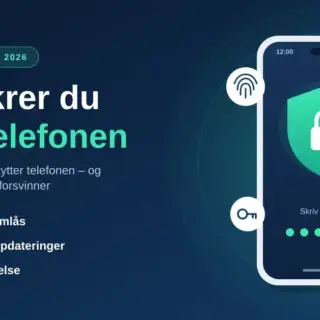Illustrasjon av en mobiltelefon med et grønt skjold og en hengelås på skjermen, omgitt av ikoner for fingeravtrykk, nøkkel, posisjon og oppdatering, ved siden av teksten «Slik sikrer du mobiltelefonen» og en sjekkliste med sekssifret skjermlås, automatiske oppdateringer og totrinnsbekreftelse.