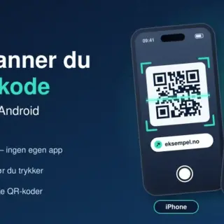 Illustrasjon av en iPhone og en Android-telefon som skanner en QR-kode med kameraet, ved siden av teksten «Slik skanner du en QR-kode på iPhone og Android».