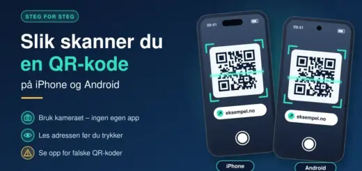 Illustrasjon av en iPhone og en Android-telefon som skanner en QR-kode med kameraet, ved siden av teksten «Slik skanner du en QR-kode på iPhone og Android».