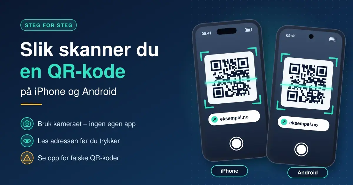 Illustrasjon av en iPhone og en Android-telefon som skanner en QR-kode med kameraet, ved siden av teksten «Slik skanner du en QR-kode på iPhone og Android».