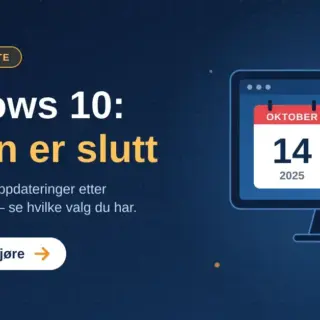 Illustrasjon av en dataskjerm med en kalender som viser 14. oktober 2025, et overstreket oppdateringssymbol og et gult advarselsskjold, ved siden av teksten «Windows 10: støtten er slutt».