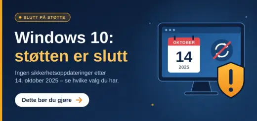 Illustrasjon av en dataskjerm med en kalender som viser 14. oktober 2025, et overstreket oppdateringssymbol og et gult advarselsskjold, ved siden av teksten «Windows 10: støtten er slutt».