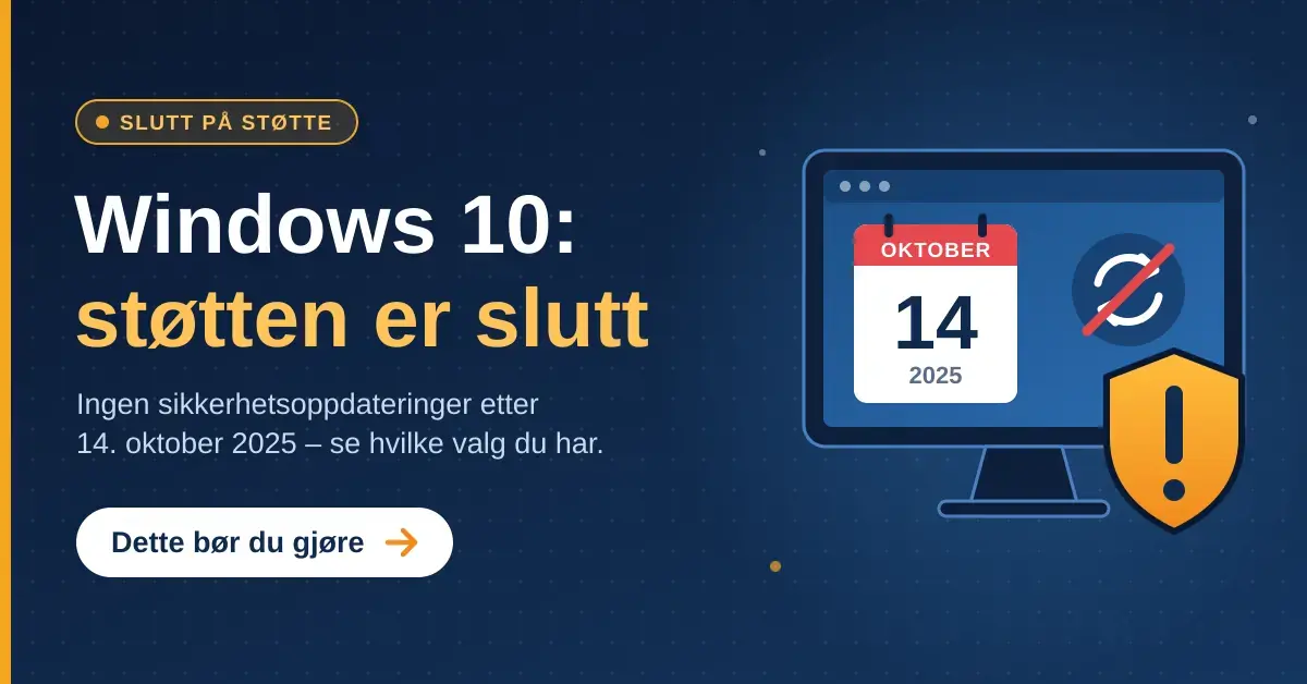Illustrasjon av en dataskjerm med en kalender som viser 14. oktober 2025, et overstreket oppdateringssymbol og et gult advarselsskjold, ved siden av teksten «Windows 10: støtten er slutt».